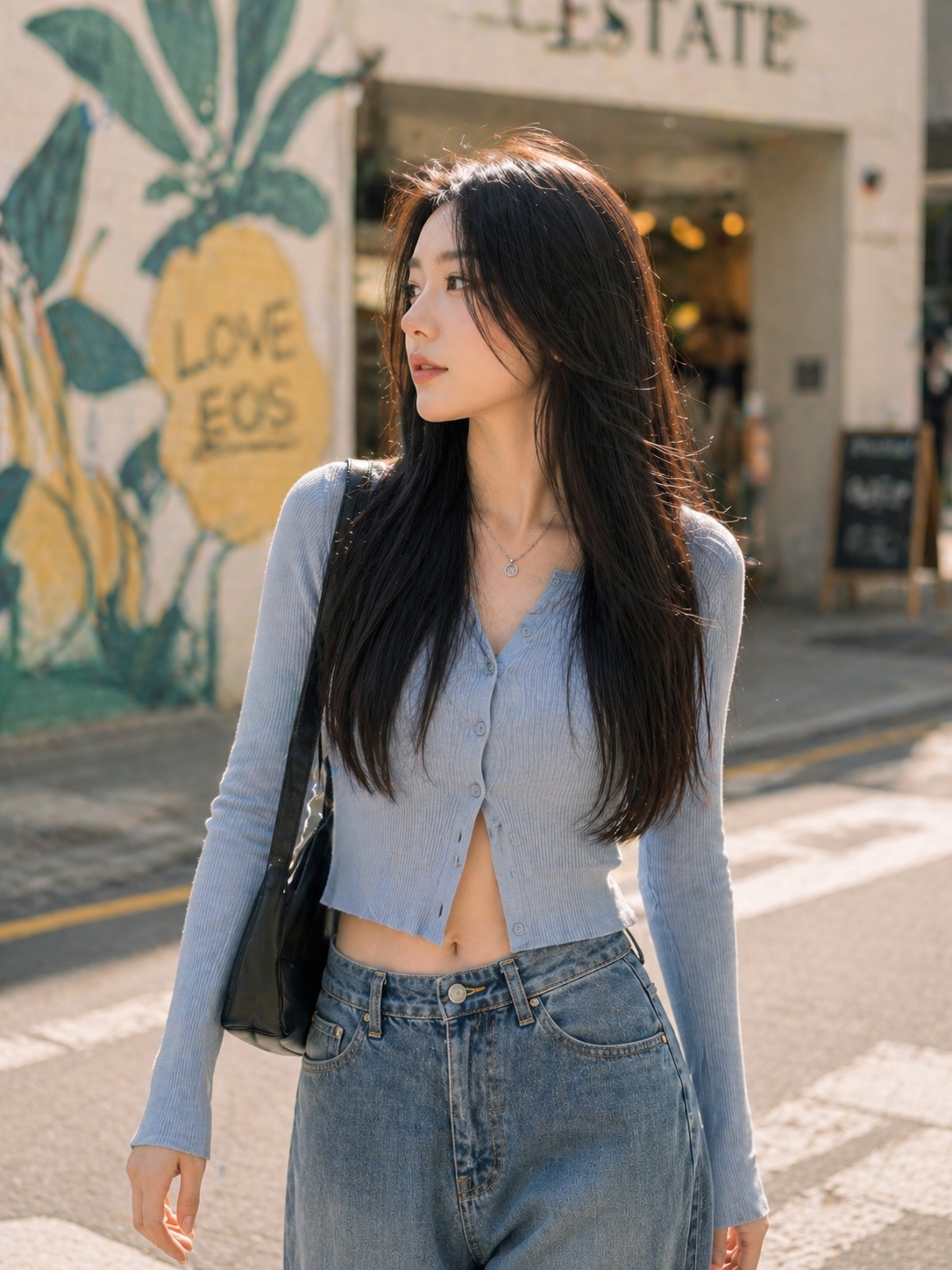햇빛이 비치는 거리에서 파란 가디건을 입은 여성