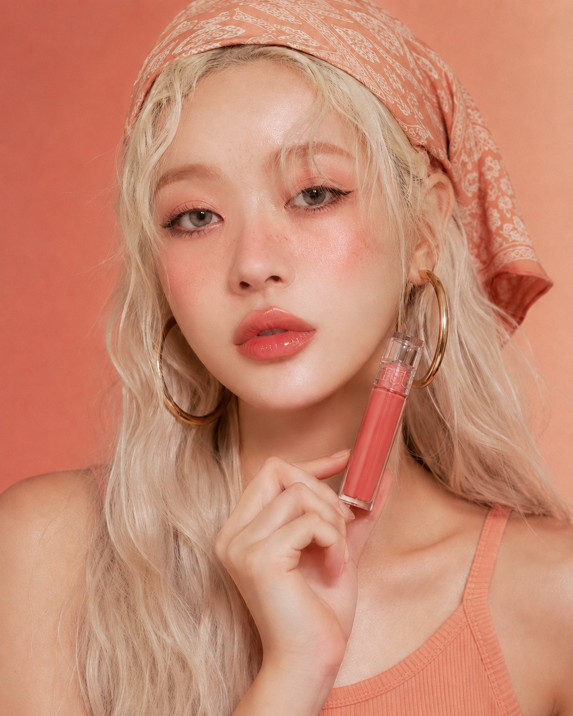 코랄 립 제품을 든 금발 모델의 캠페인 이미지