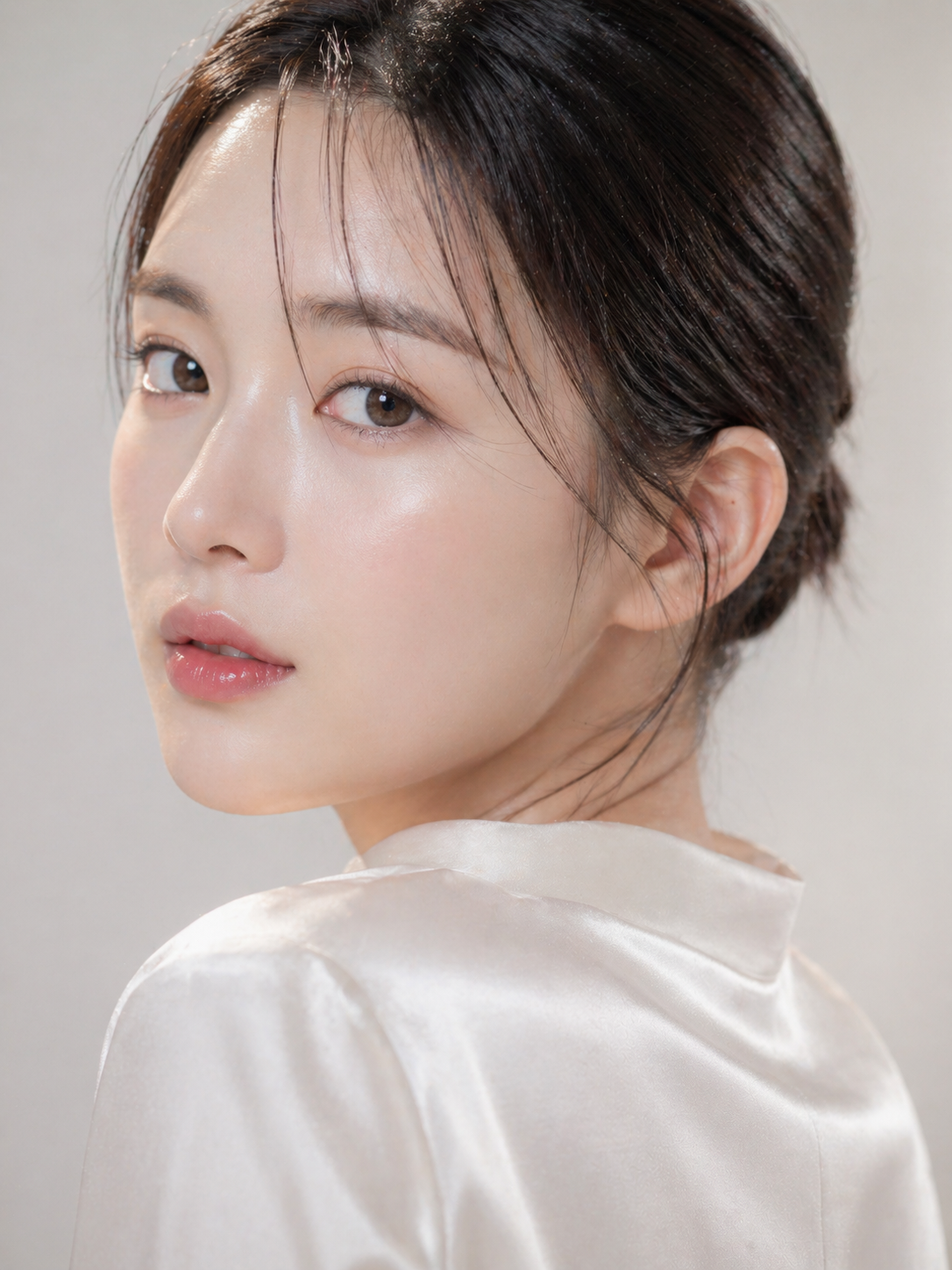 새틴 의상을 입고 뒤를 돌아보는 인물 초상